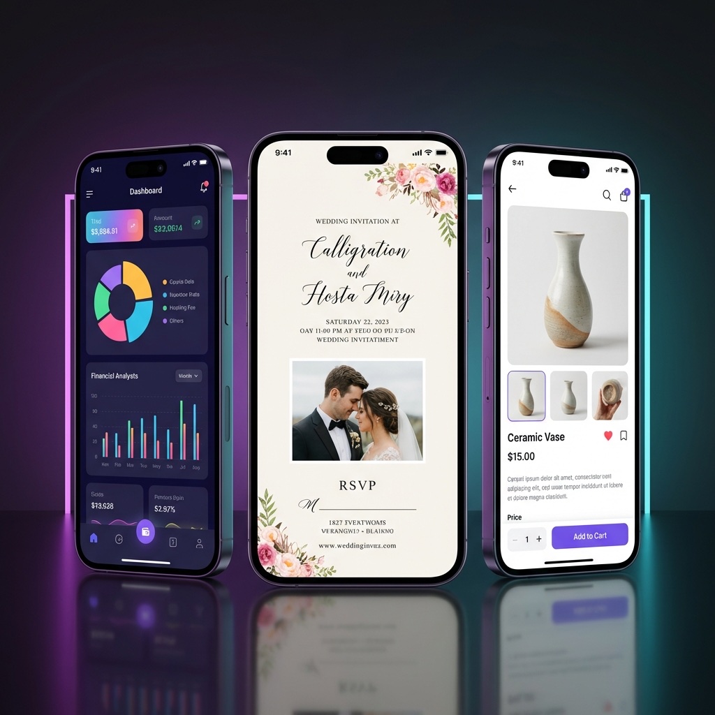 3 ứng dụng mobile: Dashboard tài chính, Thiệp cưới, Bán hàng